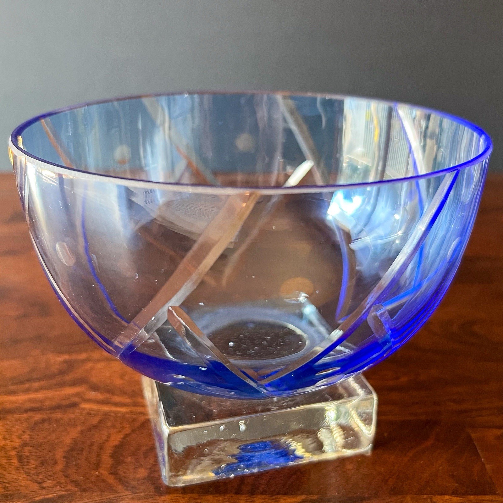Vintage FTD Cobalt Blue Cut to Clear Art Glass Pedestal Bowl Square Base 6”