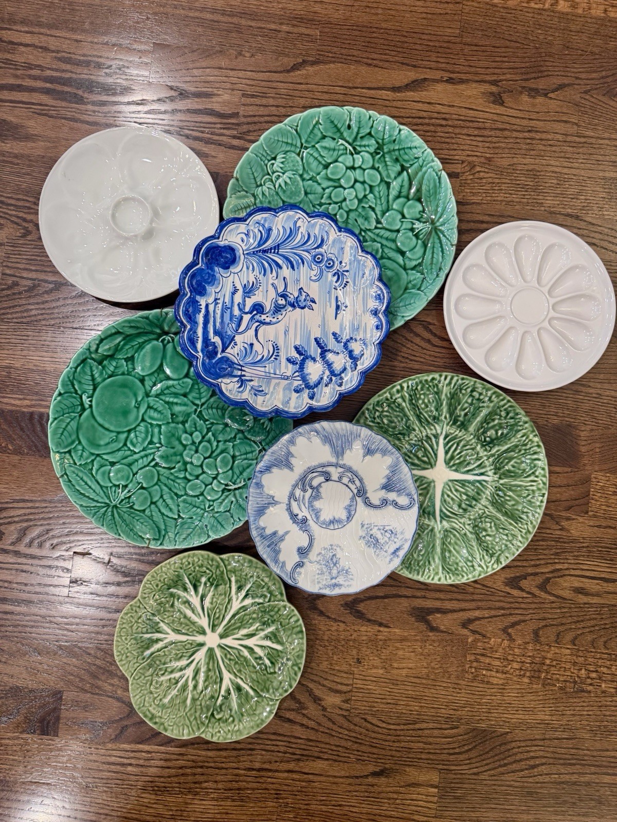 Pair Sarreguemines France Green Majolica Fruit Wall Plates 12” Vintage Decor