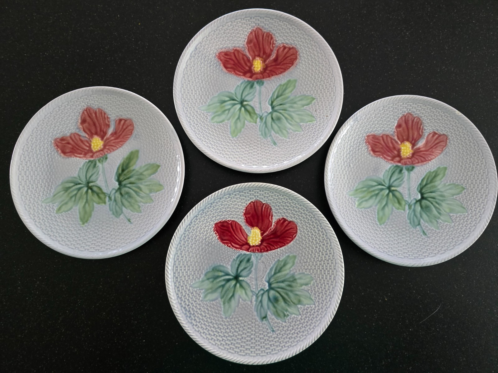 4 Vintage German Zell Majolica 6.5 In. Plates, Red Hibiscus, Basket Weave
