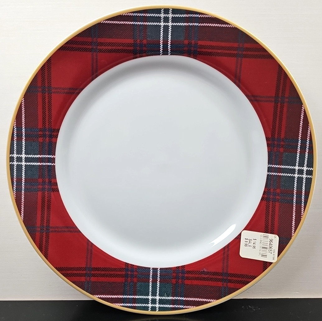 4) Williams Sonoma Gold Banded Tartan Dinner Plates Set Plaid Serving Dishes Lot