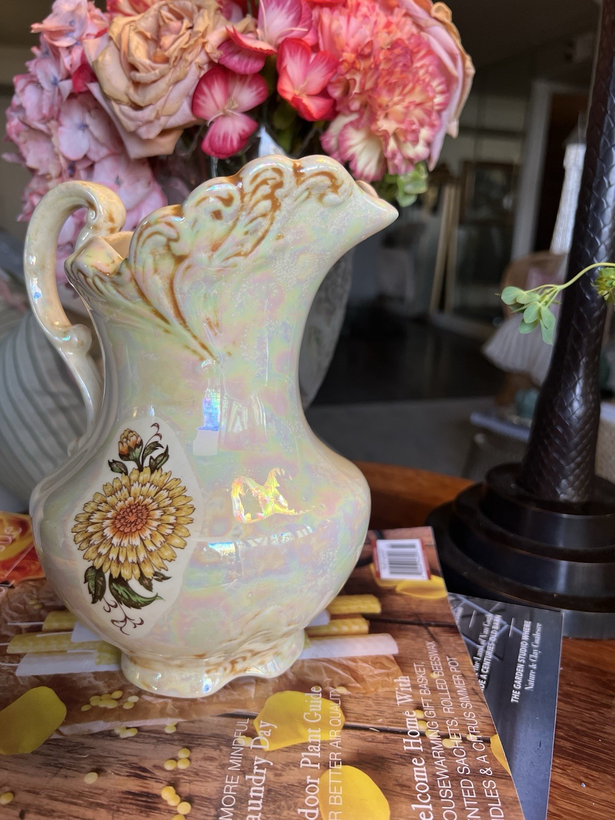 Vtg Iridescent Lusterware Ceramic Pitcher Yellow Dahlia Opalescent Swirl