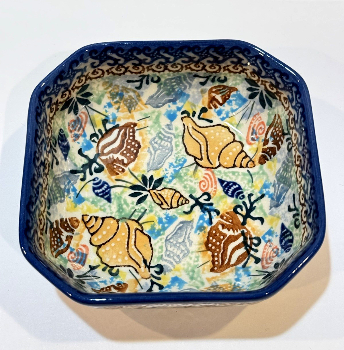 Unikat 1899 Poland Pottery Square Bowl Dish Seashell Waves 5″ D Skiba Hand Made