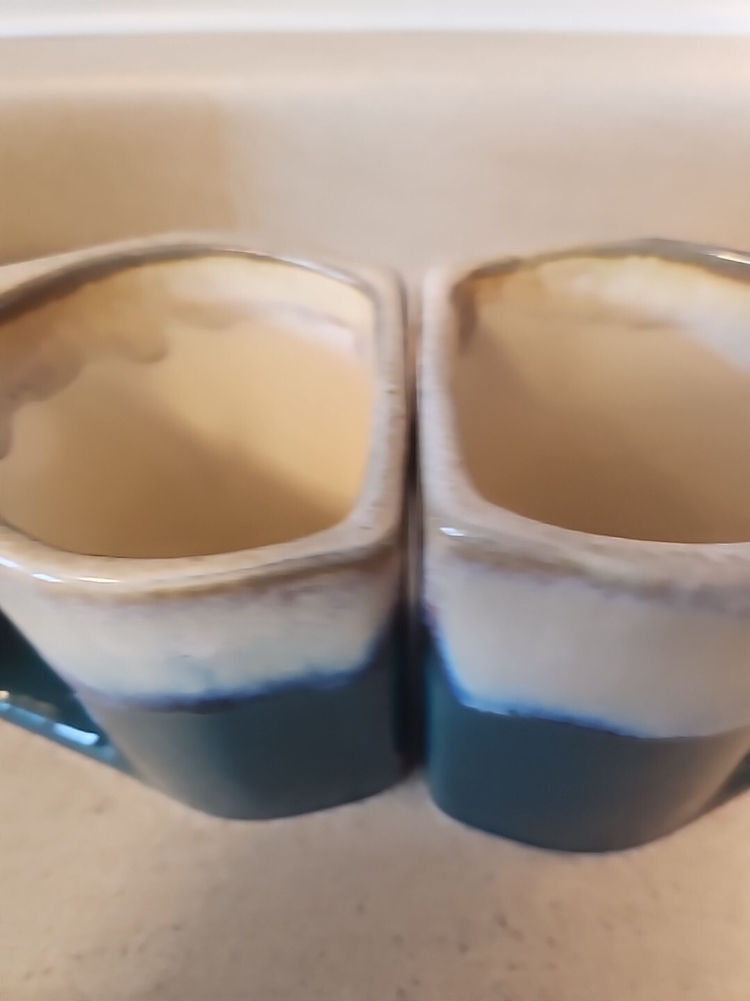 VTG Padilla Signed Stoneware Mugs Blue/Tan Drip Glaze Set of 4 boho