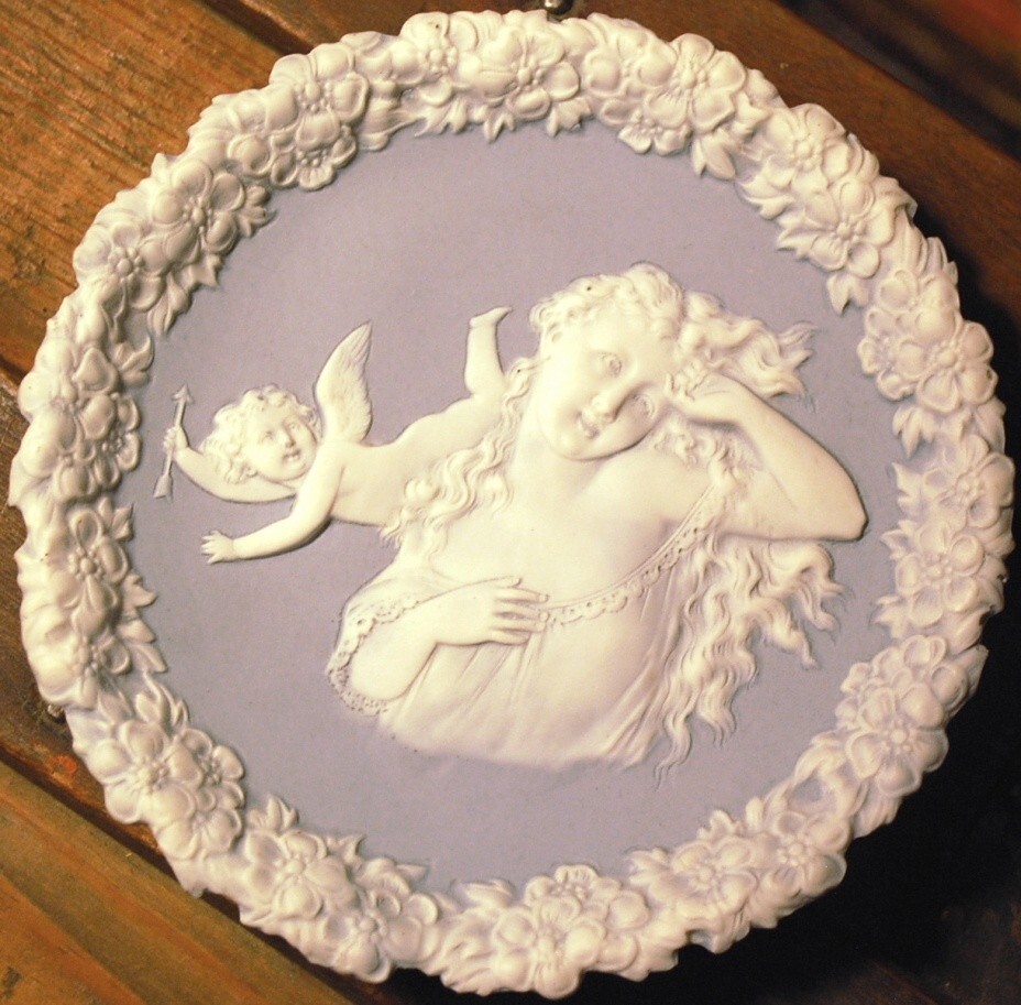 Set 2 Antique SCHAFER & VATER Blue Jasperware Wall Plaque Dishes CUPIDS/WOMEN 3D