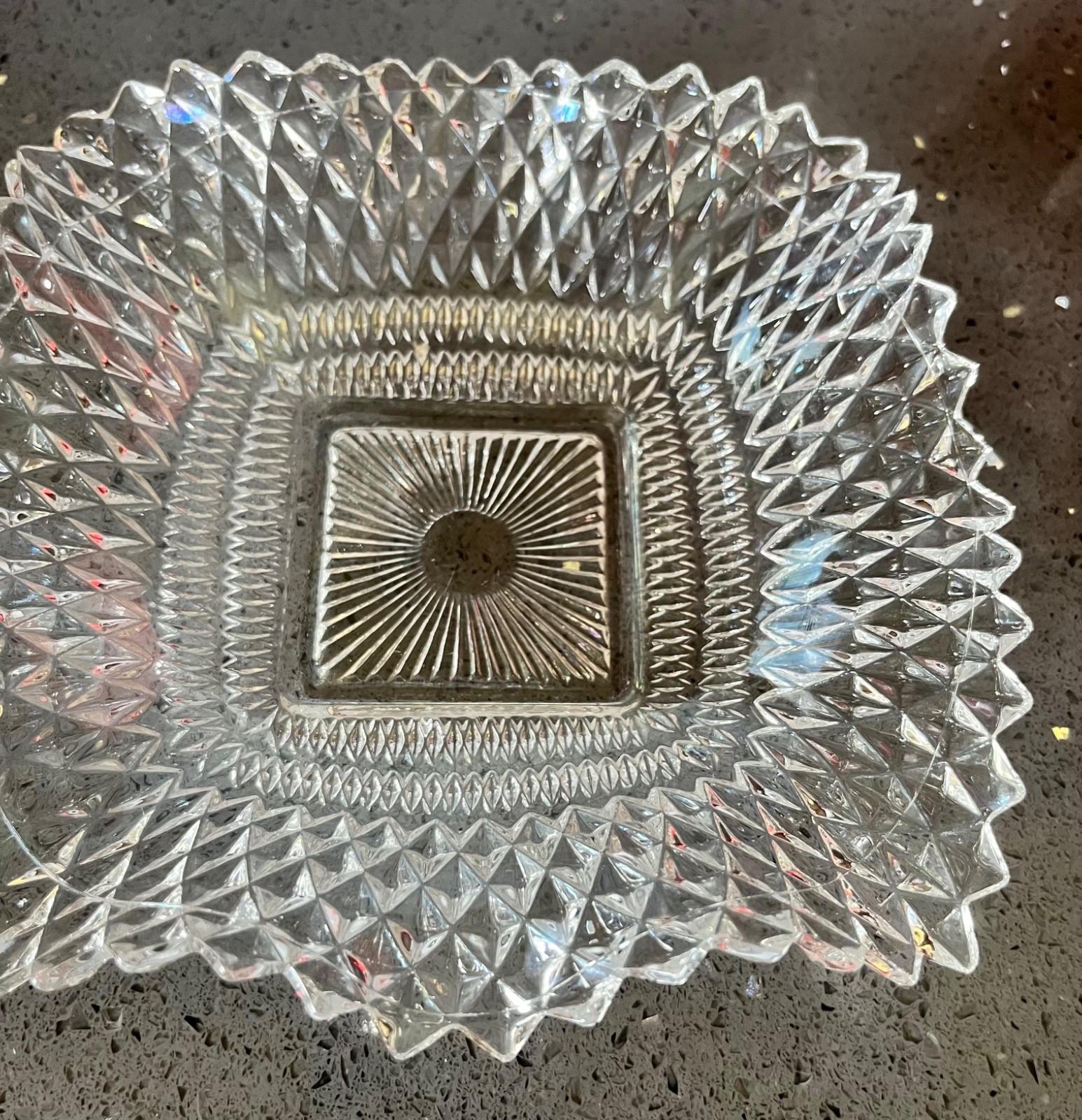 Vintage Indiana Glass Co Diamond Cut Design Square Dish w/ Ruffled Edges