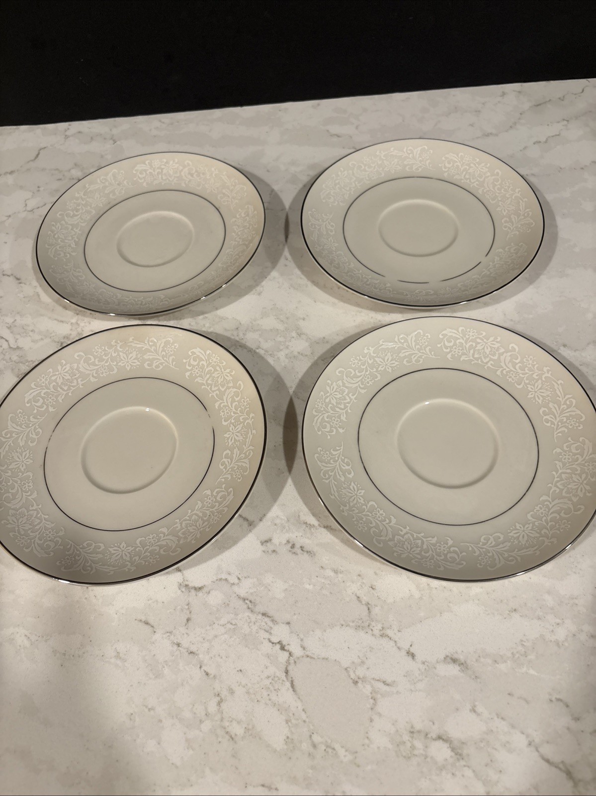 VNTG Ivory Fantasy Japan 8 Saucers Embossed Floral Platinum Trim Japan 60-70’s