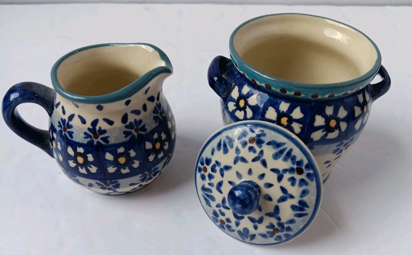 Polish Pottery Tea/Coffee Set, Tray, 2 Mugs/Cups, Creamer, Sugar Bowl W/ Lid