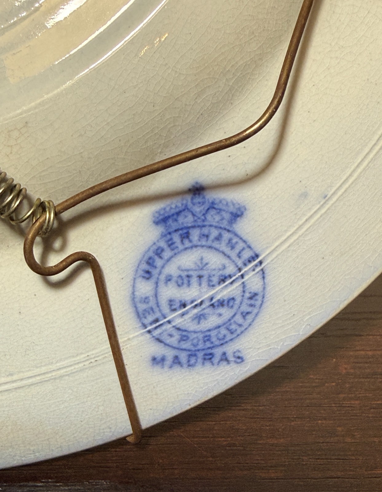 Upper Hanley Pottery England Delph Blue White Plate 9.1″ Semi Porcelain Antique