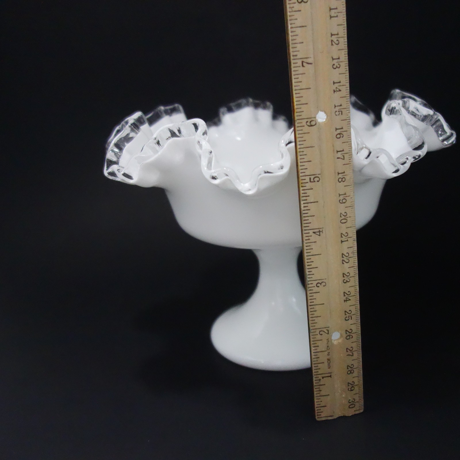 Vintage Fenton Silver Crest Milk Glass Footed Pedestal Bowl Ruffled Edge 6″ Tall