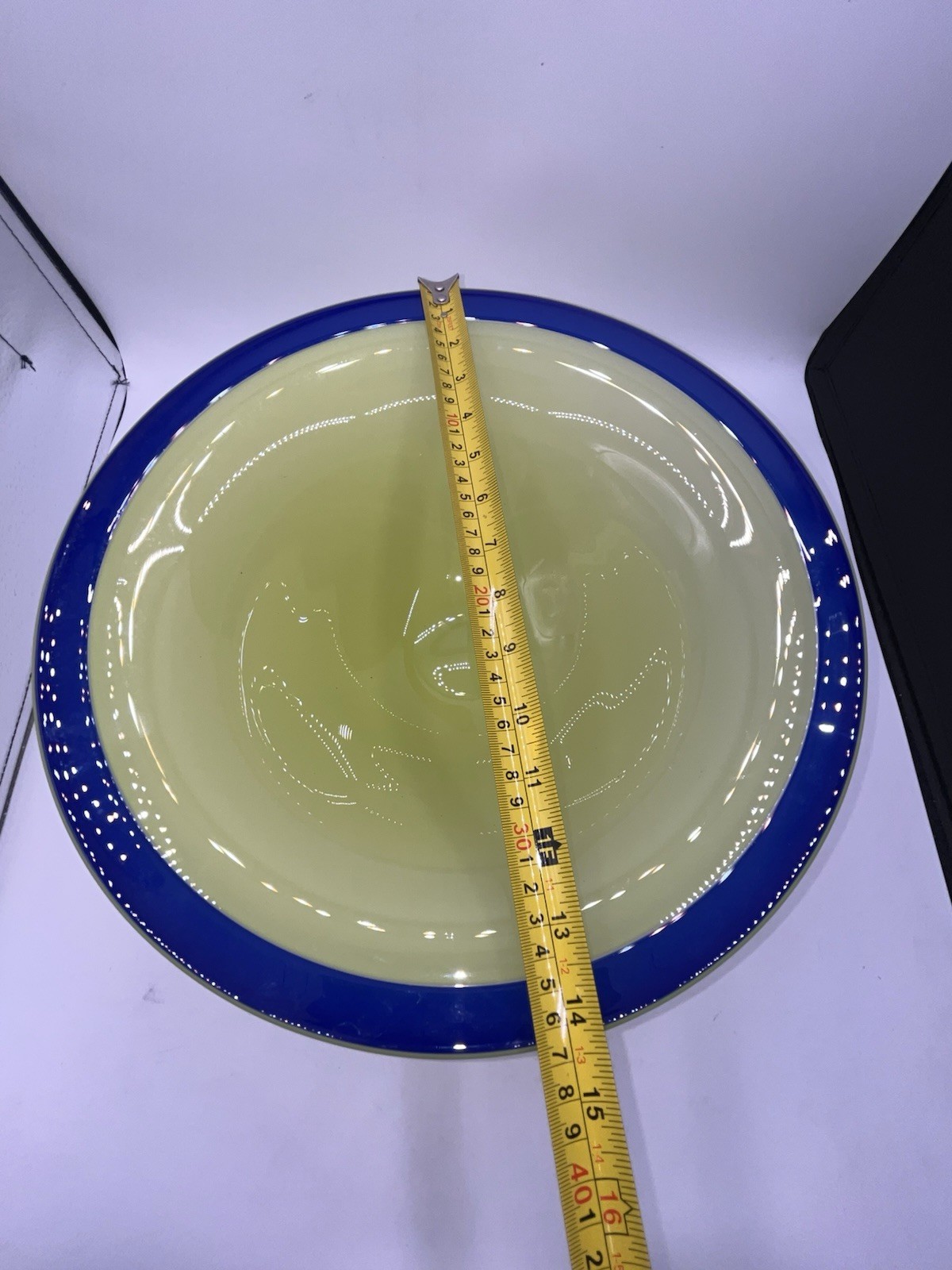 Erik Eiserling 1997 SEA Glasbruk Yellow Lime Art Glass Bowl With Cobalt Blue Rim
