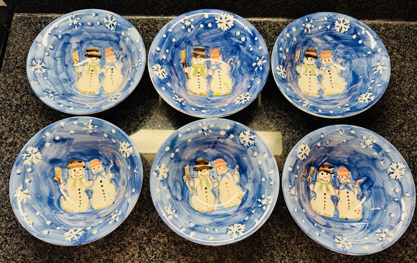 Lot of 6 Tabletops Unlimited Snow Family 7 1/4” Soup Cereal Bowl Christmas 2003