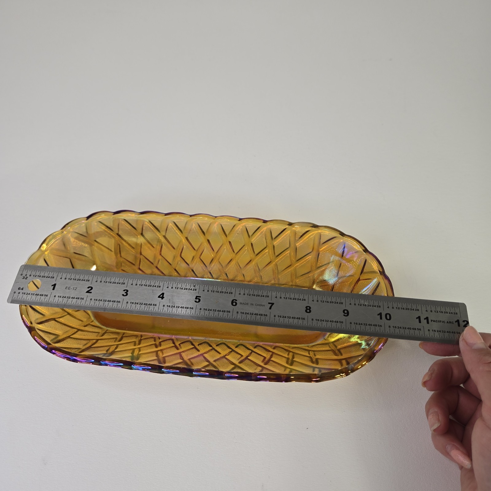 Vintage INDIANA Glass Amber Marigold Oblong Basket Weave Pattern Relish Dish