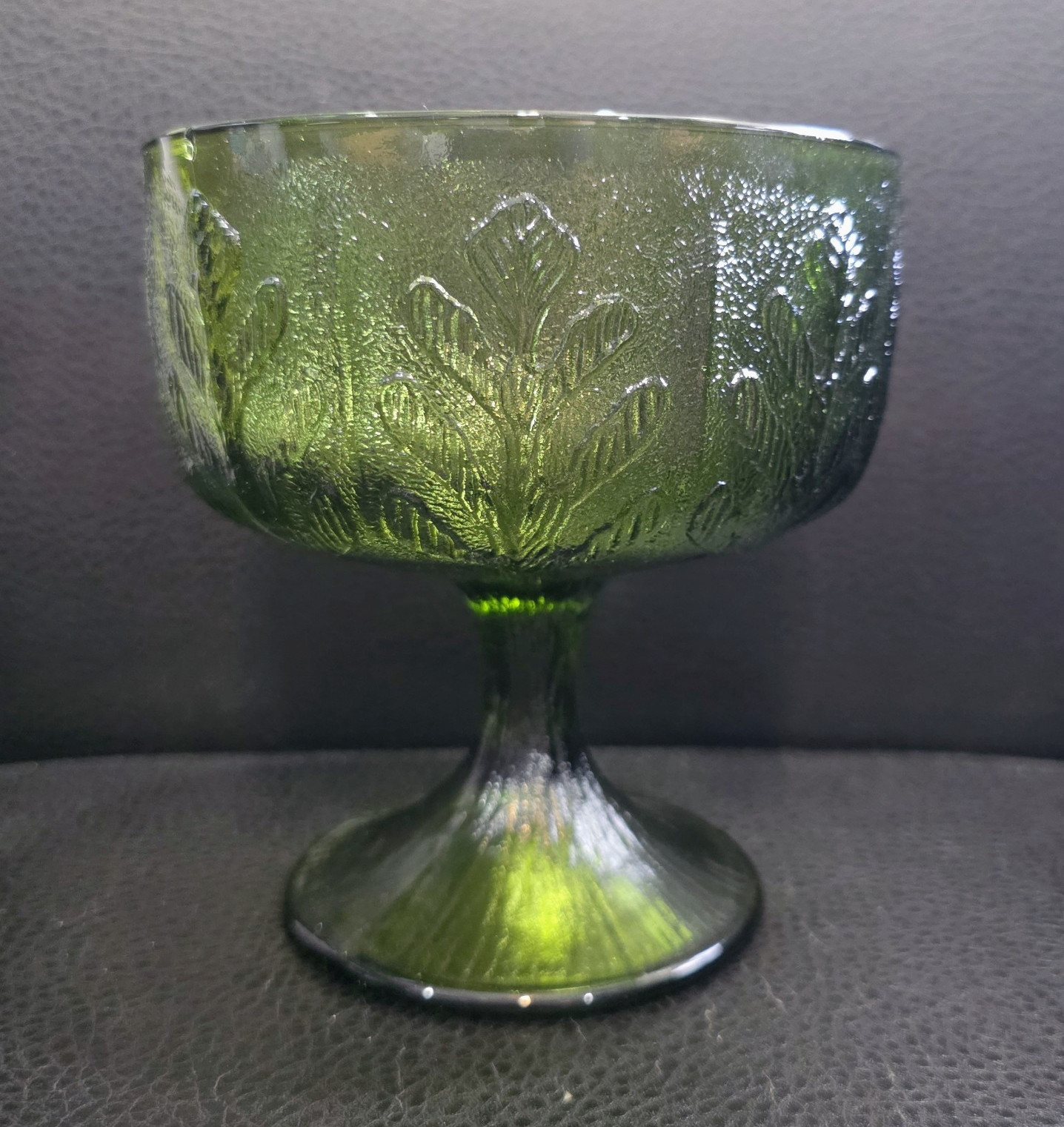 FTD Green Pressed Glass Floral Pedestal Compote Bowl, Round, 1978