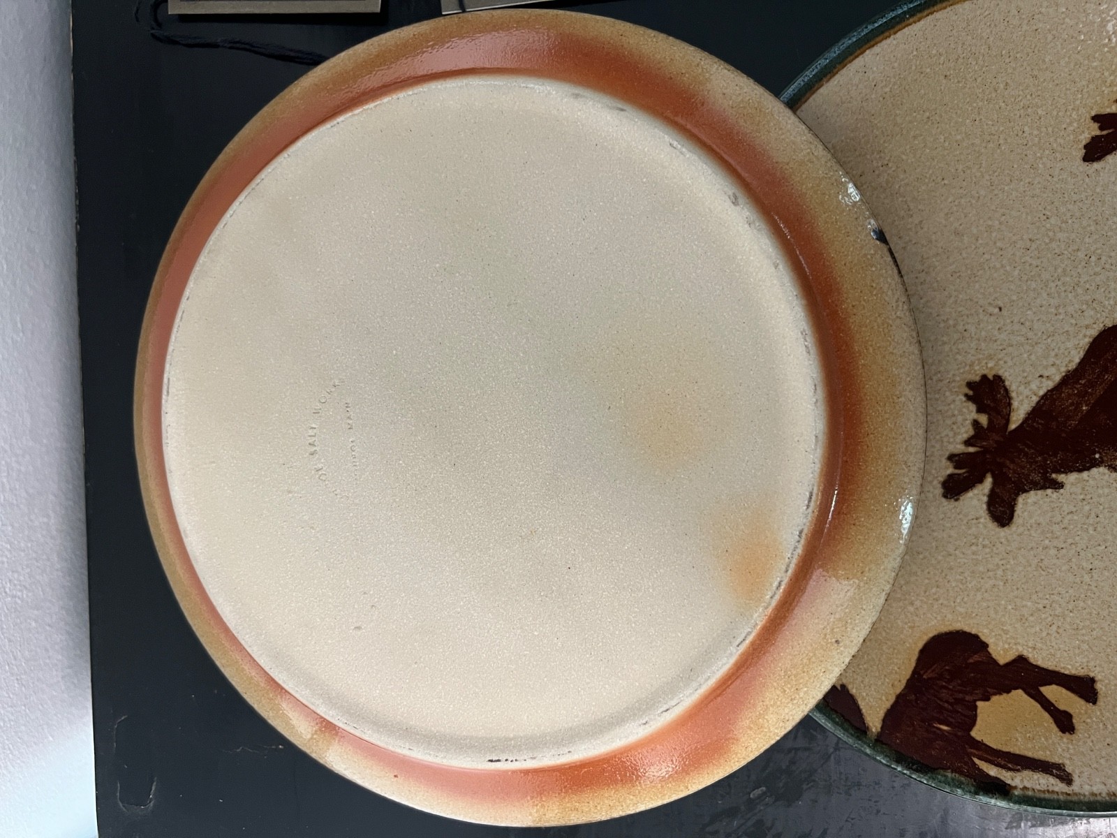 New set of 4 Monroe Salt Works Moose Stoneware Plates Maine Pottery Green Rim 9”