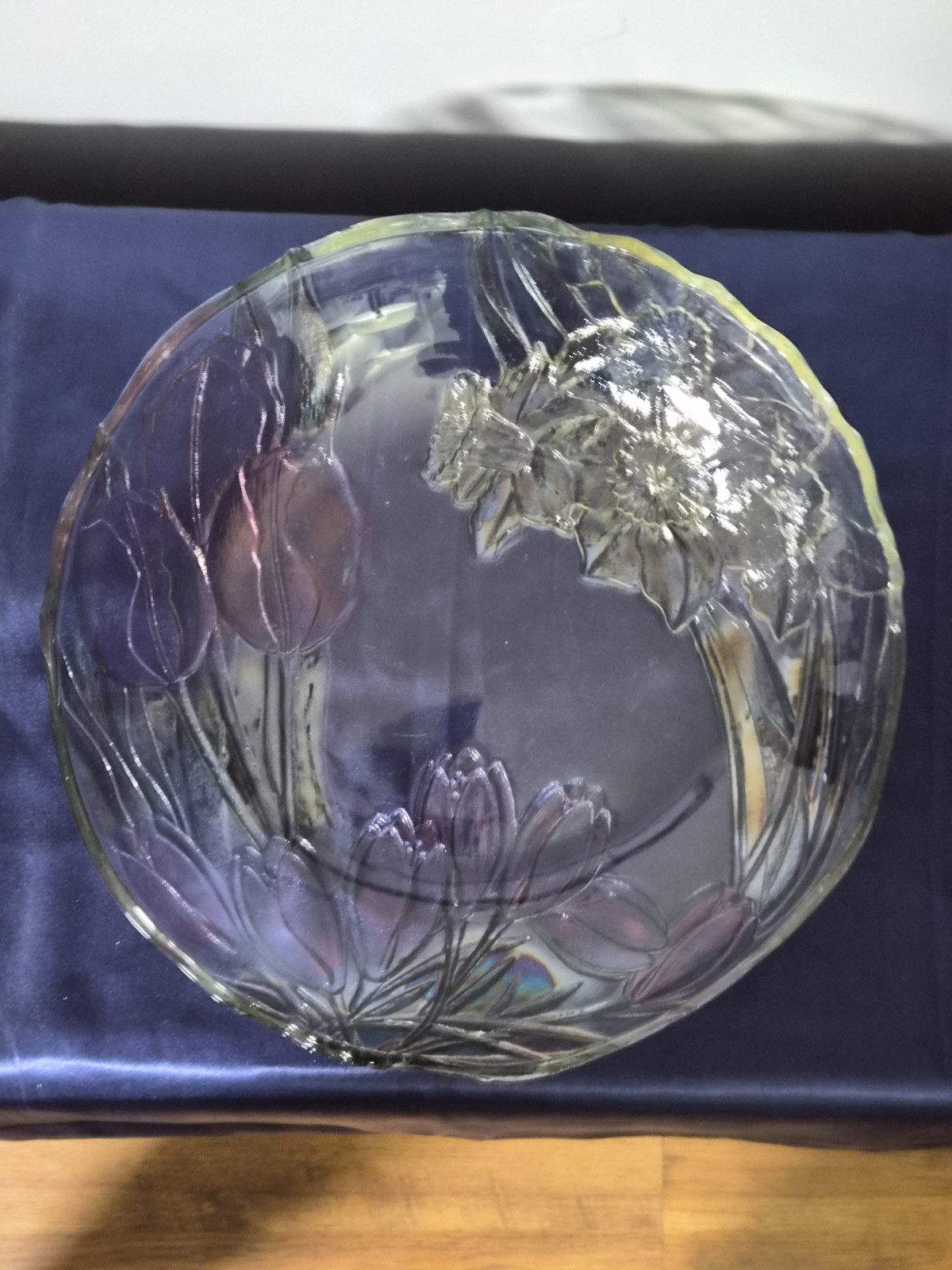 Vintage 13” CRYSTAL Round platter “BLOSSOM” Iridescent Colorful Design