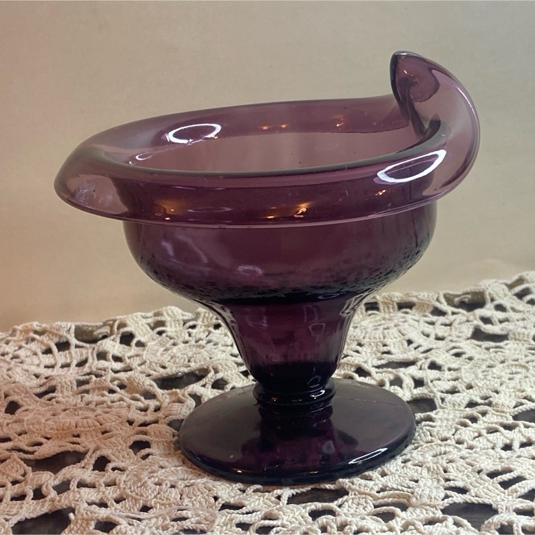 Purple Amethyst Glass Curled Rim Footed Pedestal Compote Bowl, 4in H