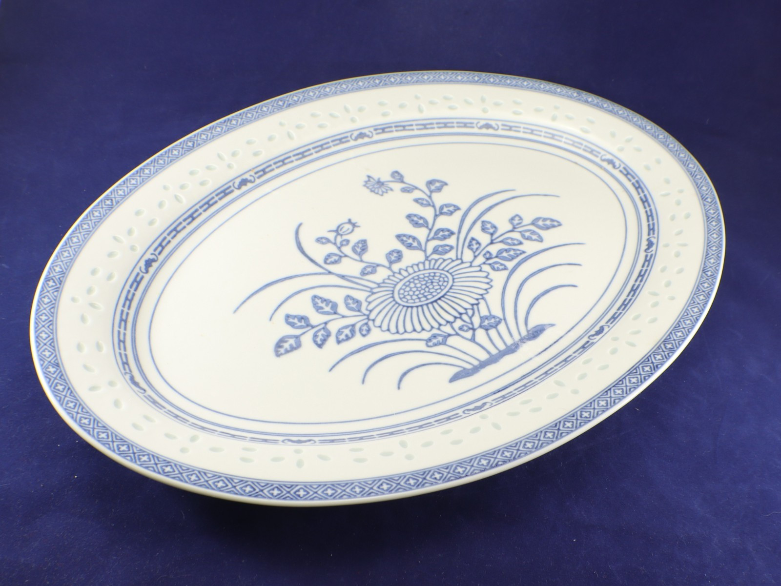 Tienshan Rice Flower Large SERVING PLATTER 15.5 x11″ Blue White Translucent Vtg