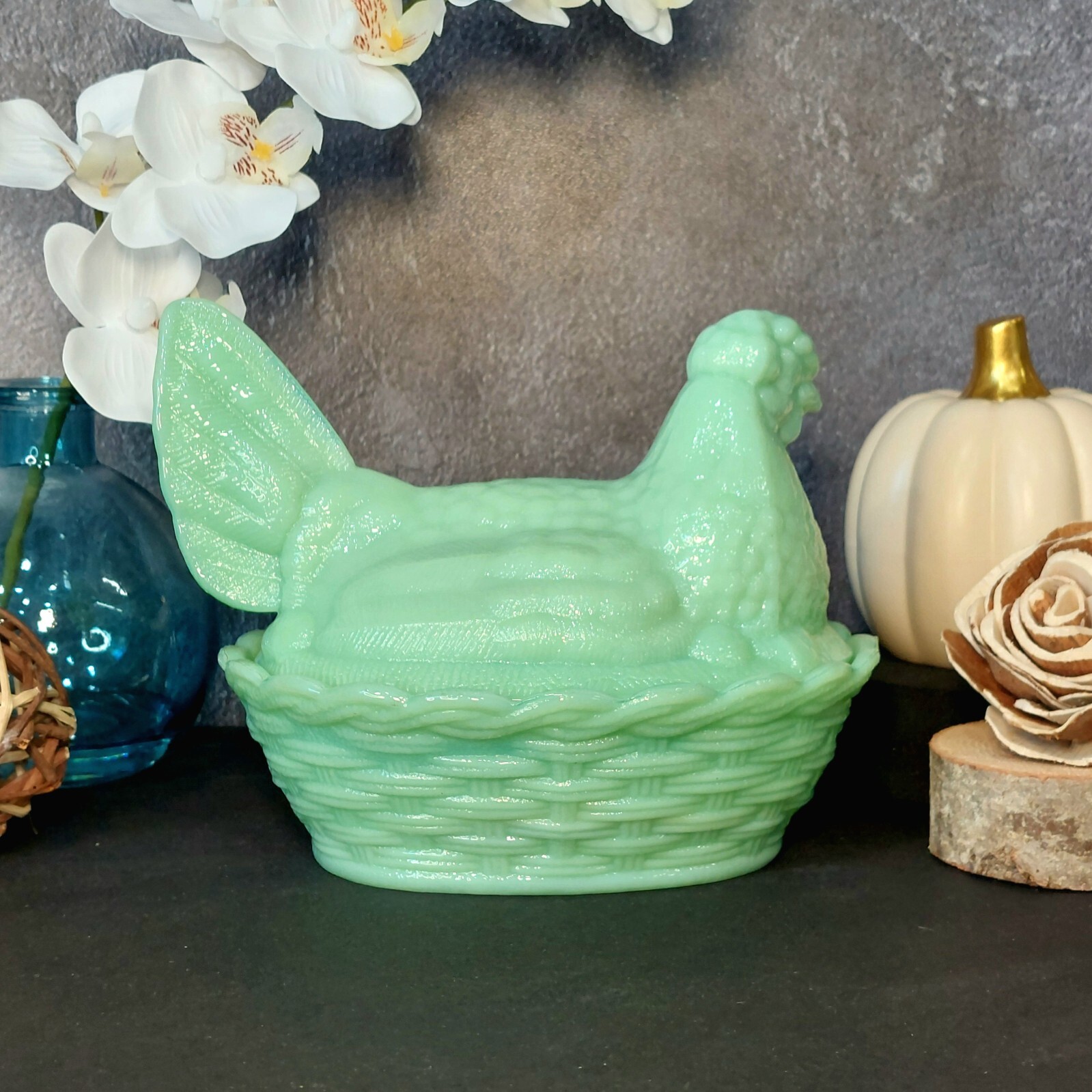 Hen on Nest Chicken Candy Dish, Green Jadeite Glass Depression Style, VTG Style