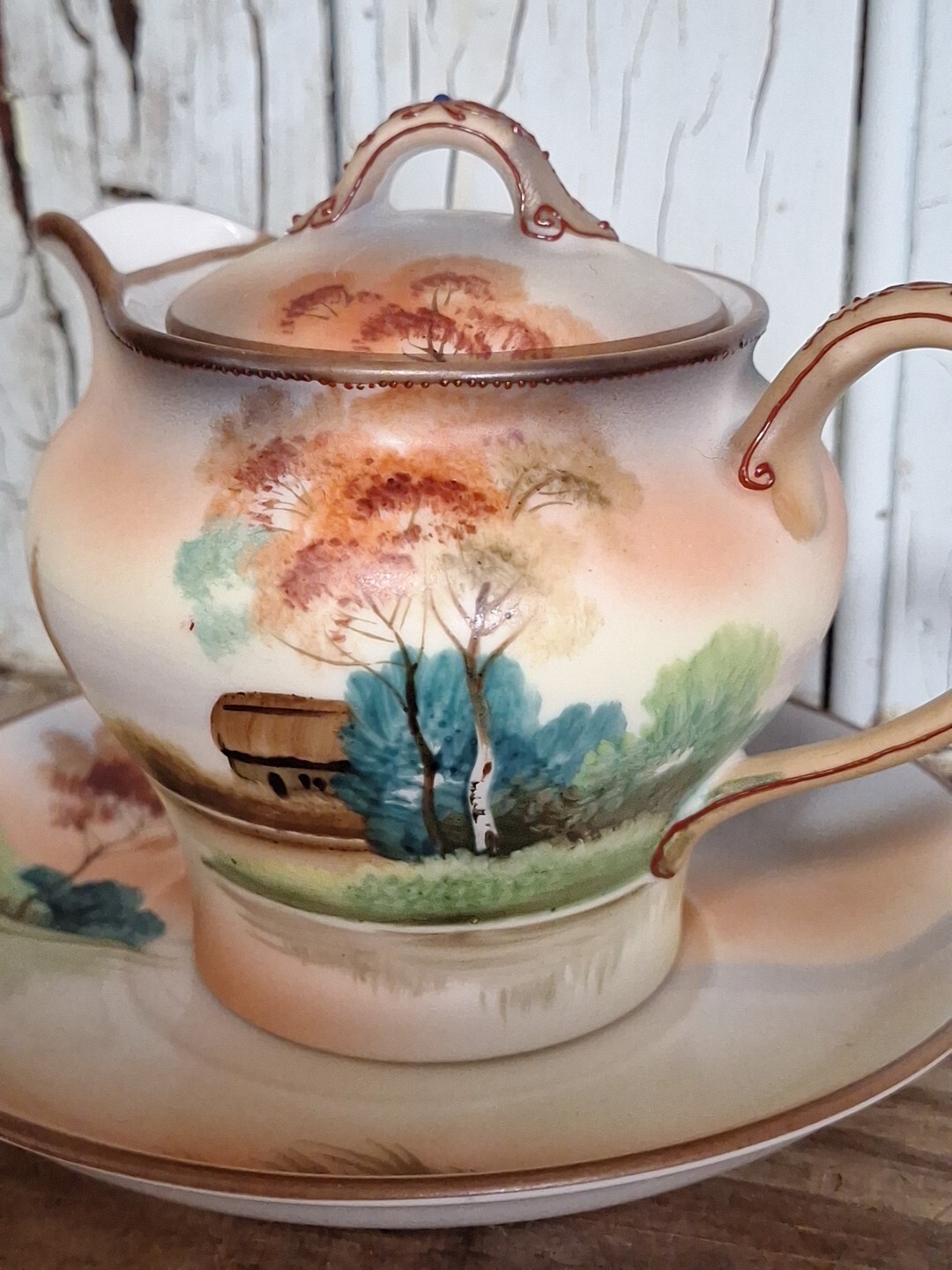 Antique Morimura Nippon Hand Painted Porcelain Creamer with lid, Saucer Moriage