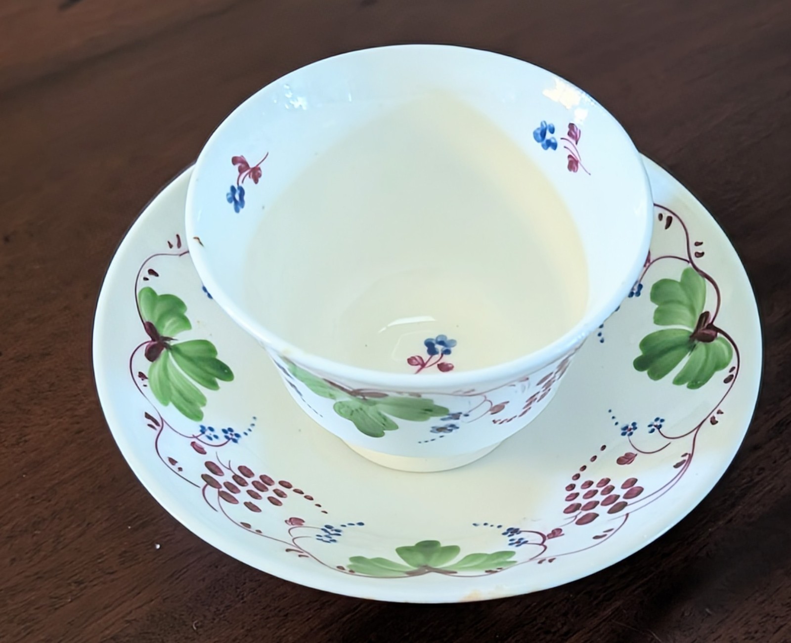 Antique 1830s Handpainted Porcelain Handless Cup & Saucer ~ Grape & Vine