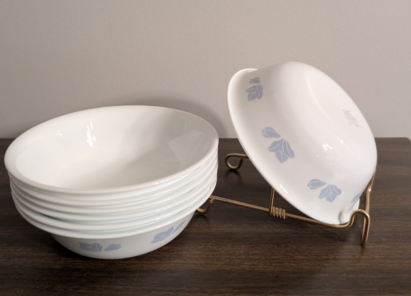 Corelle Blue Tulip 6.25-in Cereal Bowls. Set Of Five. + 2 Free With Tiny Chips