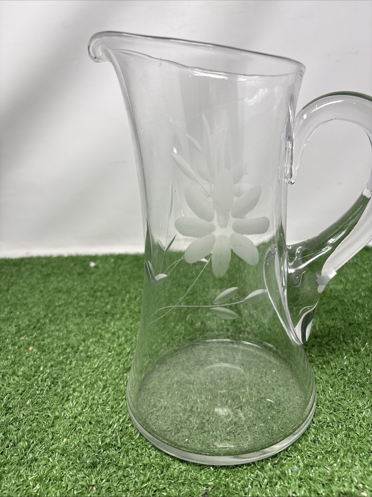Vintage Crystal Glass Pitcher With Etched Flowers 9in Tall Thick Handle