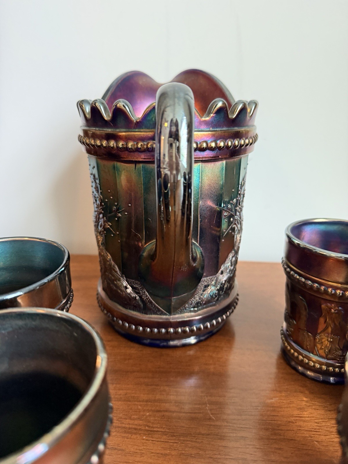 Antique Northwood Carnival Glass Peacock At The Fountain Pitcher & Tumblers Set