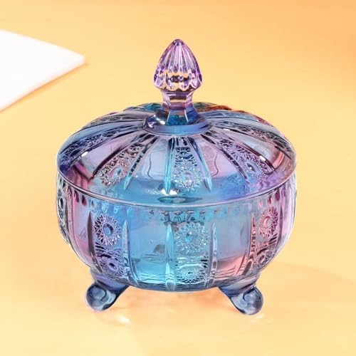 Purple-Blue Glass Candy Dish with Lid,Embossed Candy Jar with Lid 16Oz,Vintage