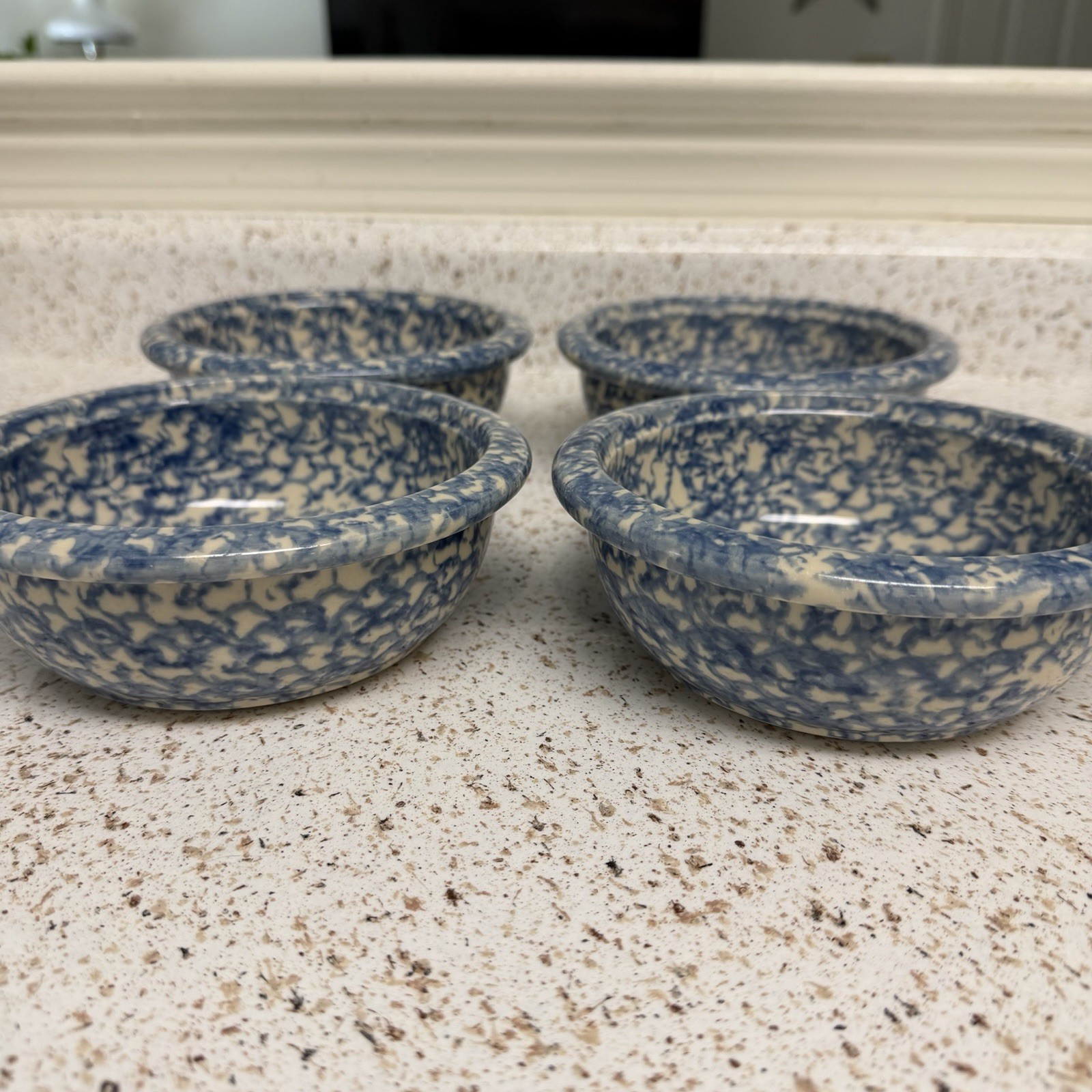 Blue Spongeware Pottery Roseville OH Cereal Soup Bowls 6.5″ Set of 4 USA Vintage