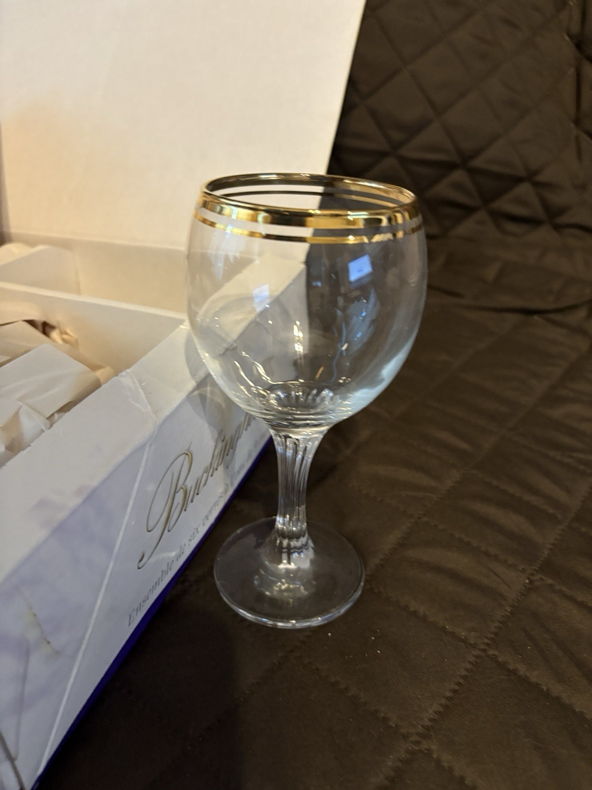Set Of 6 9 Oz Buckingham Goblets New in Box 24 Karat Gold Trim Hand Decorated