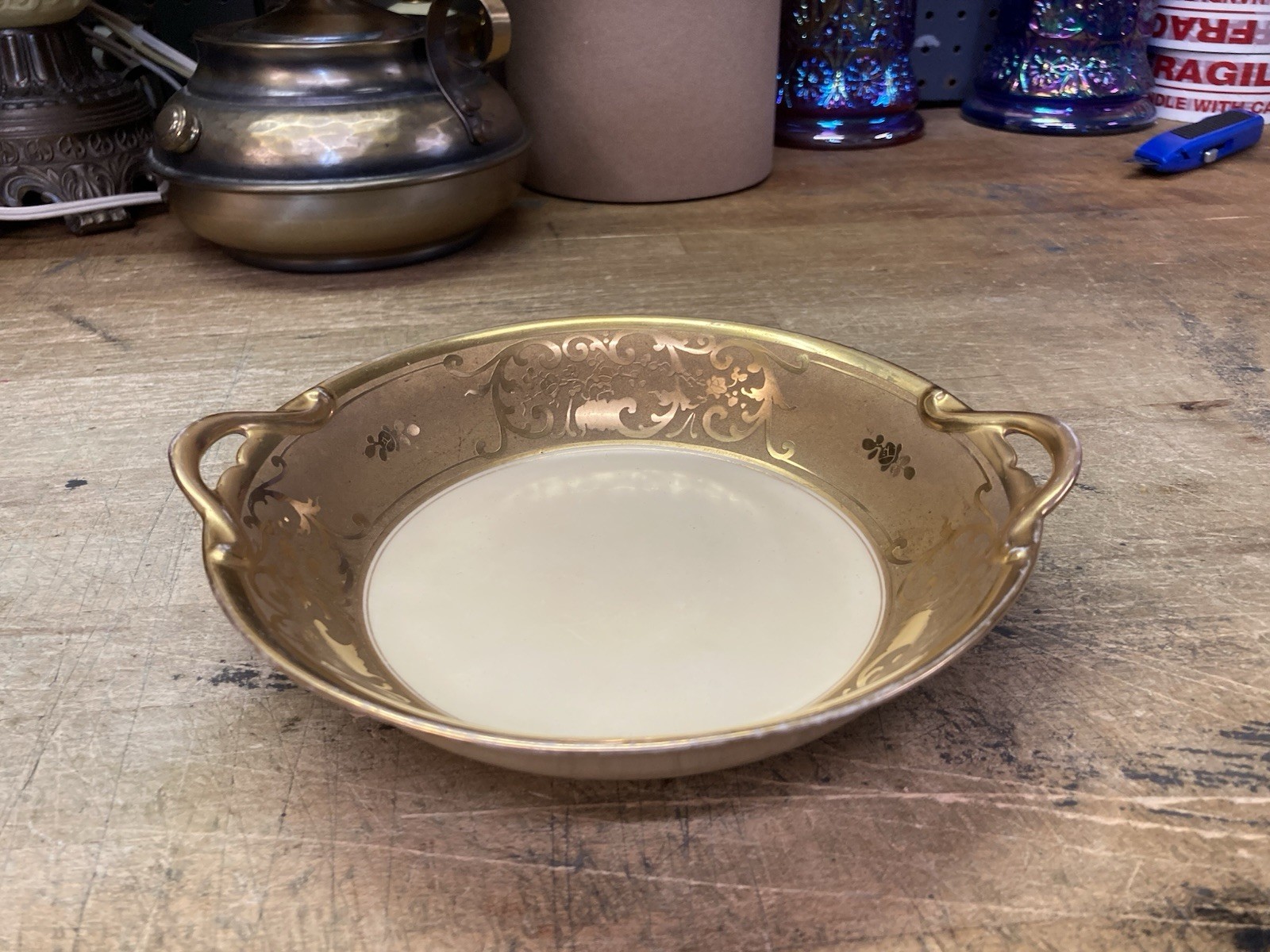 Vintage Hand Painted Pickard China Gold On Ivory Bowl / Scrolls And Floral