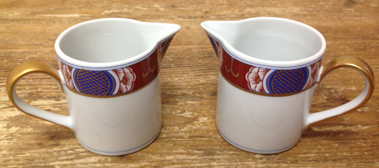 Nishiki Fitz & Floyd Blue Rust Geometric Gold Asian 2 Creamers Small Pitchers