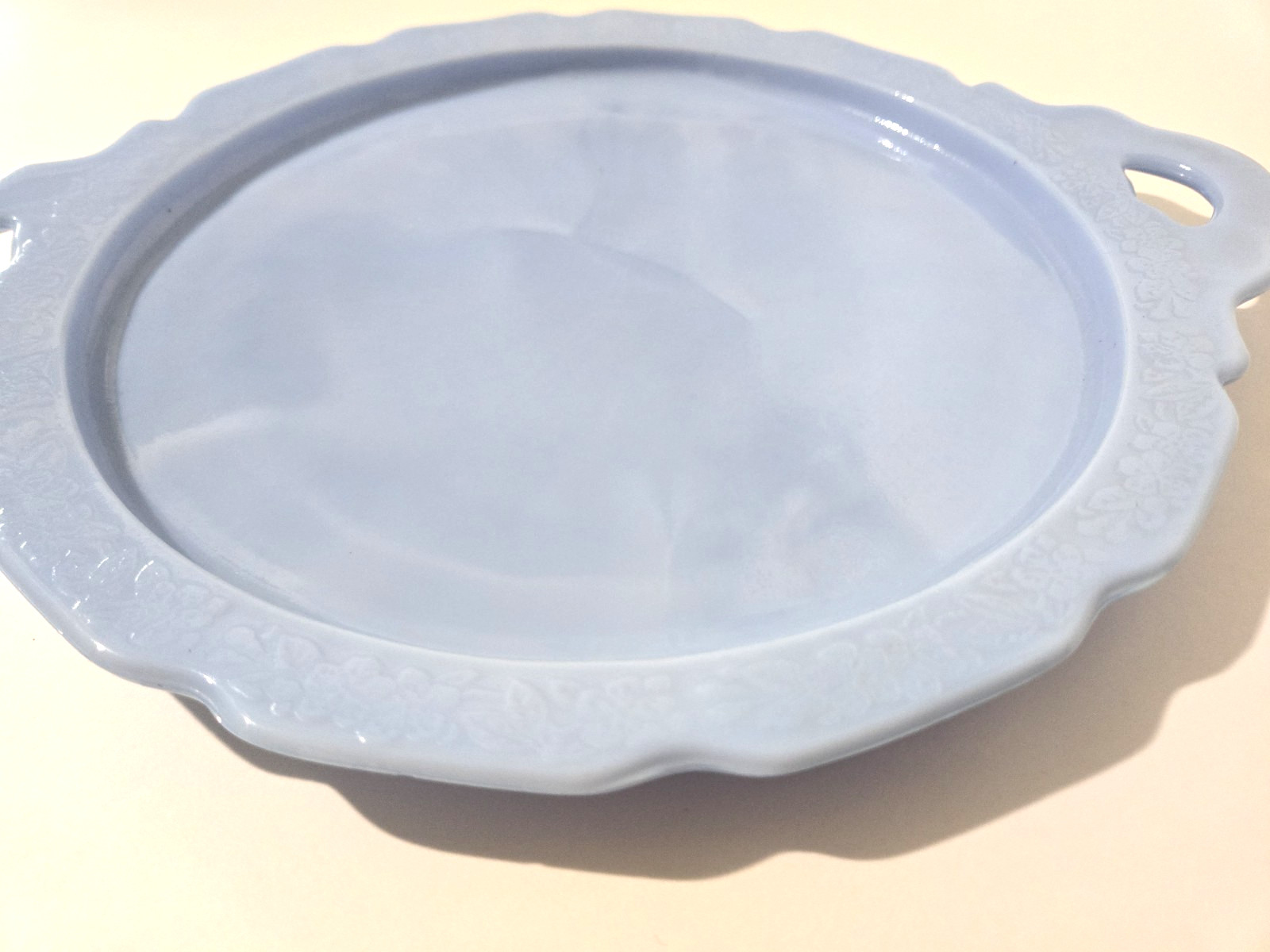 Vintage 1930s Jeannette Delphite Blue Glass Cherry Blossom Handled Tray Platter