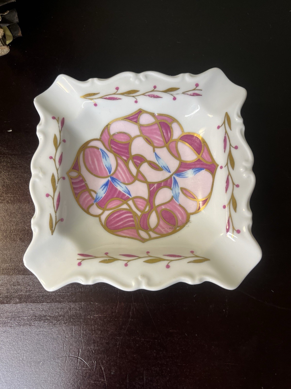 Vintage Depose Limoges France Porcelain Square Candy Dish Pink Gold Art Nouveau