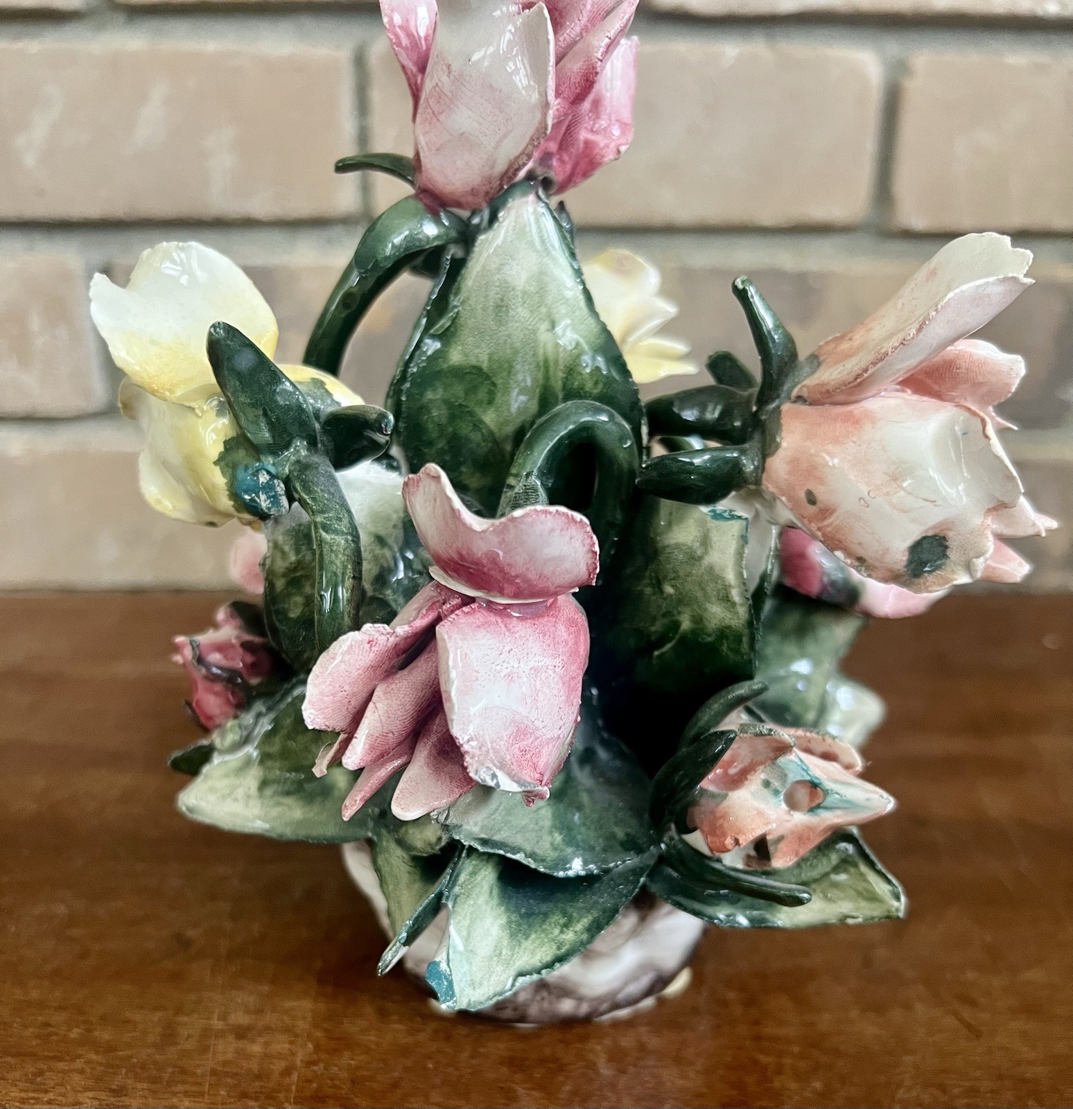 Stamped Vintage Capodimonte Italy Porcelain Floral Arrangement Centerpiece 7.5”