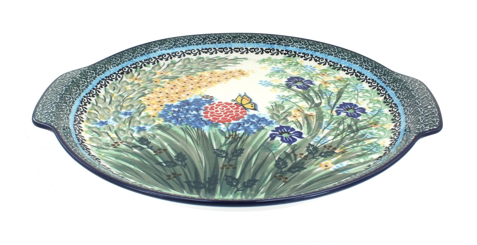 Blue Rose Polish Pottery Teresa Round Serving Tray with Handles