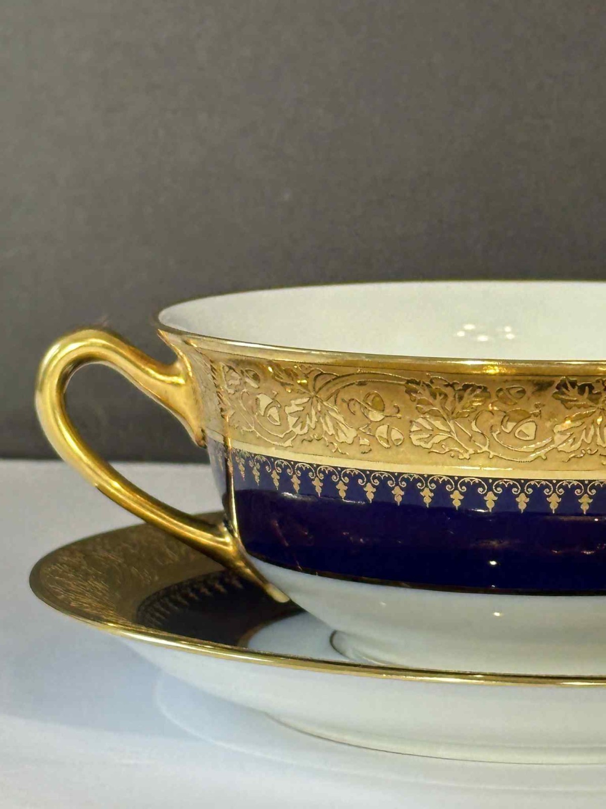 Antique P. Porschaud Limoges France Consommé Cup & Saucer Cobalt Blue Heavy Gilt