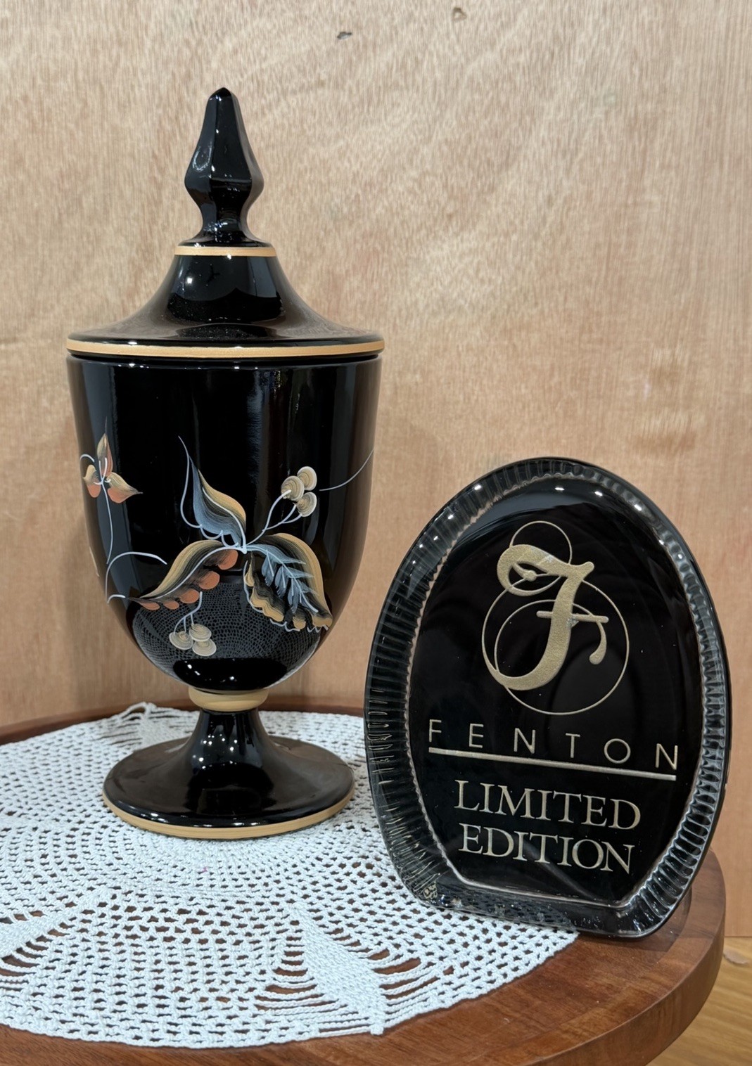 Fenton 1994 Black Hand Painted Lidded Urn Candy Dish J.K. Spindler #1325
