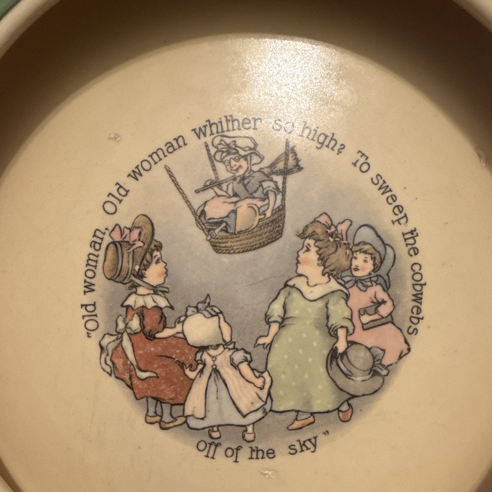 Ceramic Pottery Nursery Rhyme Bowl Beige w/ Green Rim Glossy 8 in Round