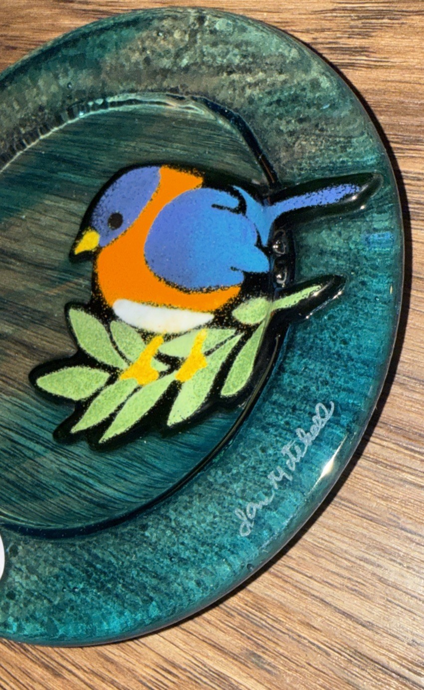 Fused Glass Blue-Green Plate w/ Blue-Orange Bird JAN R. MITCHELL Virgin Island