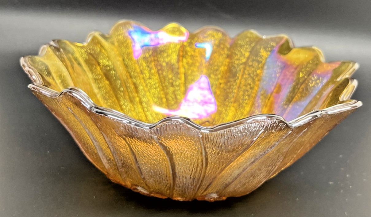 Indiana Iridescent Carnival Glass Bowl set of 2 VTG Sunflower Marigold Amber 7″