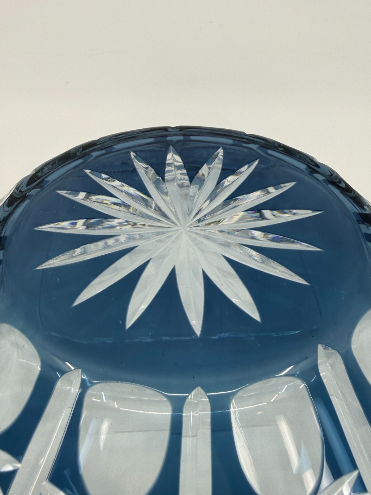 1950s Vintage Bohemian Lead Crystal Glass Cut To Clear Cobalt Blue Bowl 13″W