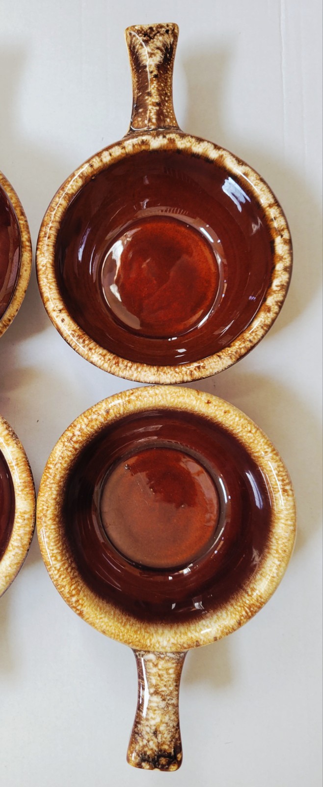 Set of 6 Vtg HULL POTTERY Soup Bowls w/Handle Oven Proof Drip Glazed