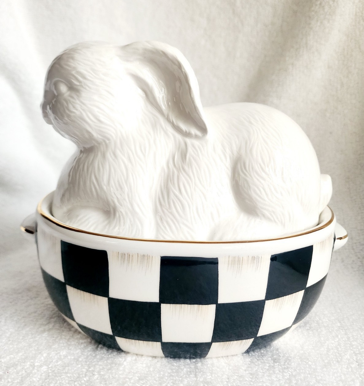 Mackenzie Childs White Rabbit Ceramic Lidded Dish Courtly Check NEW! *OPEN BOX*