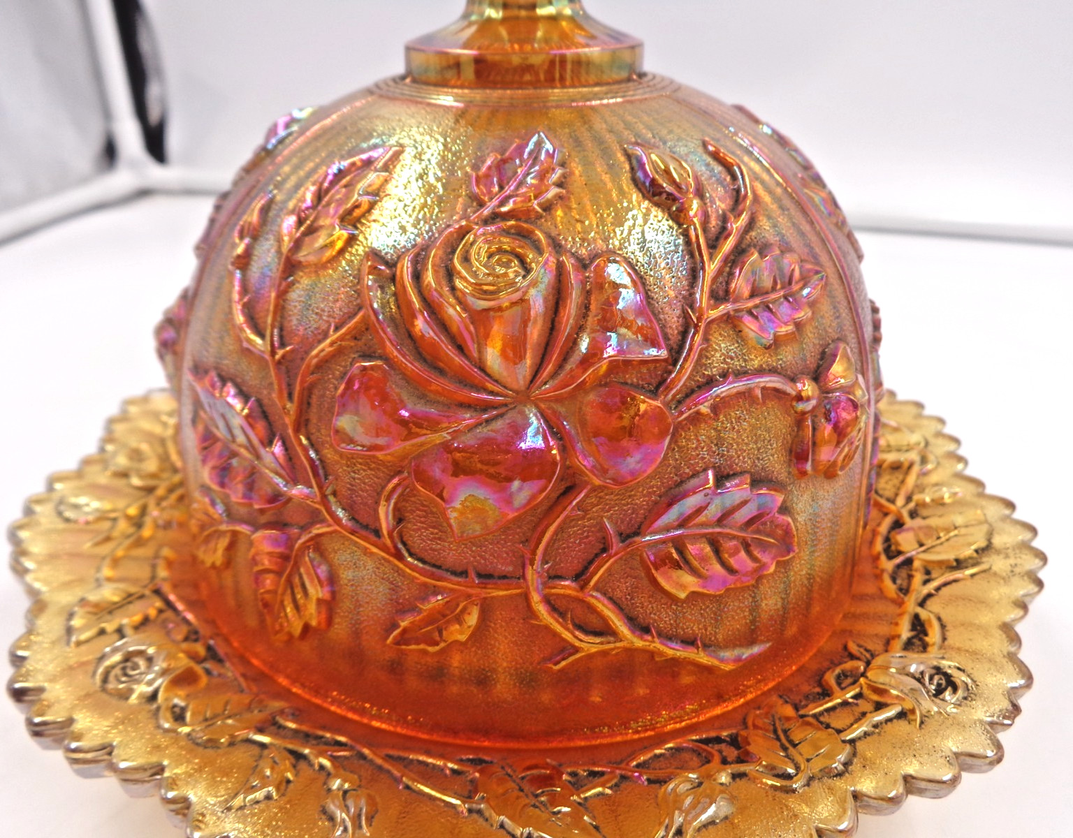 Imperial Carnival Glass Dome Lid Butter Dish Marigold Open Rose Pattern
