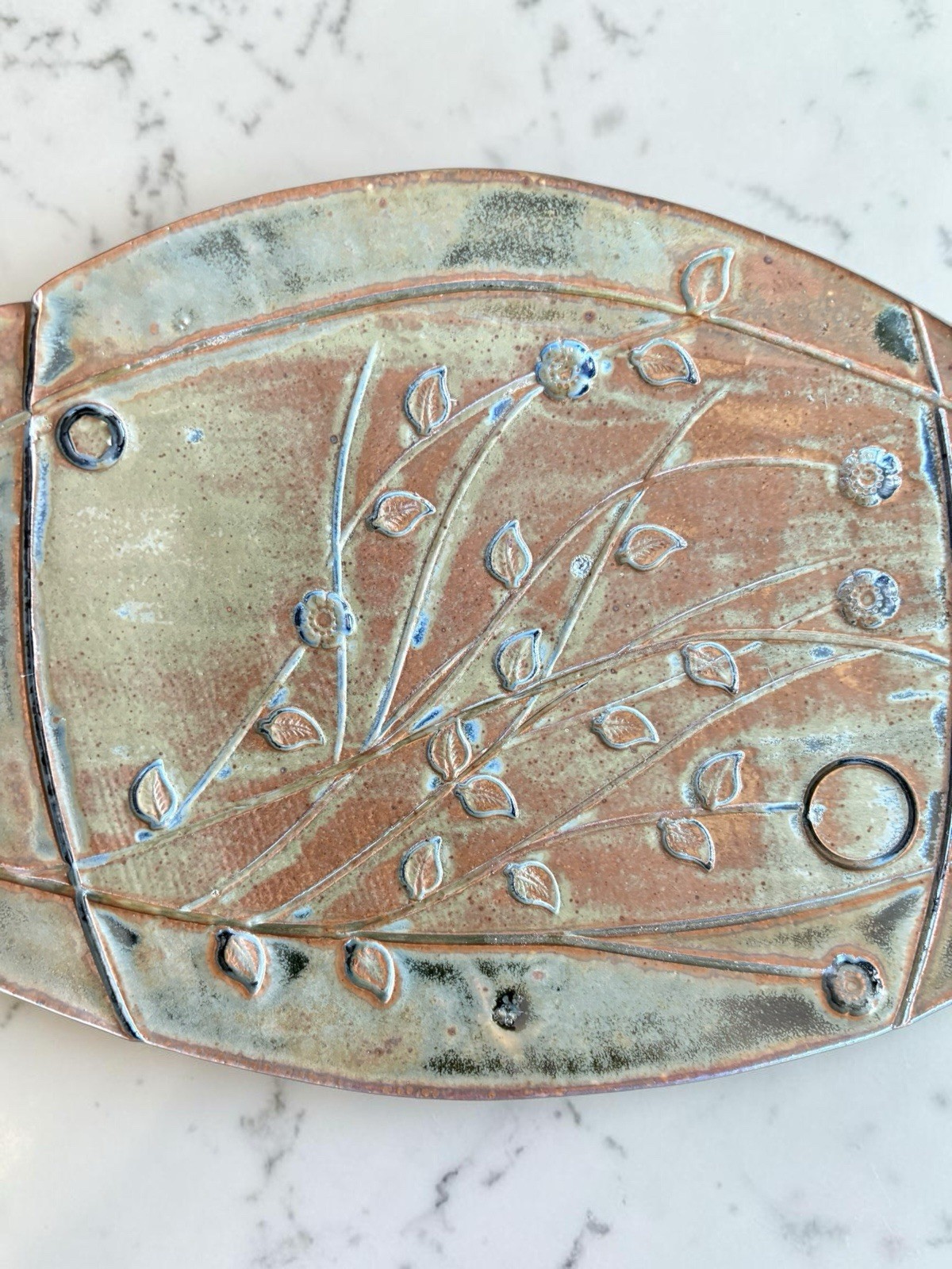 Studio Art Pottery Platter / Tray With Botanical Motifs, Incised And Signed