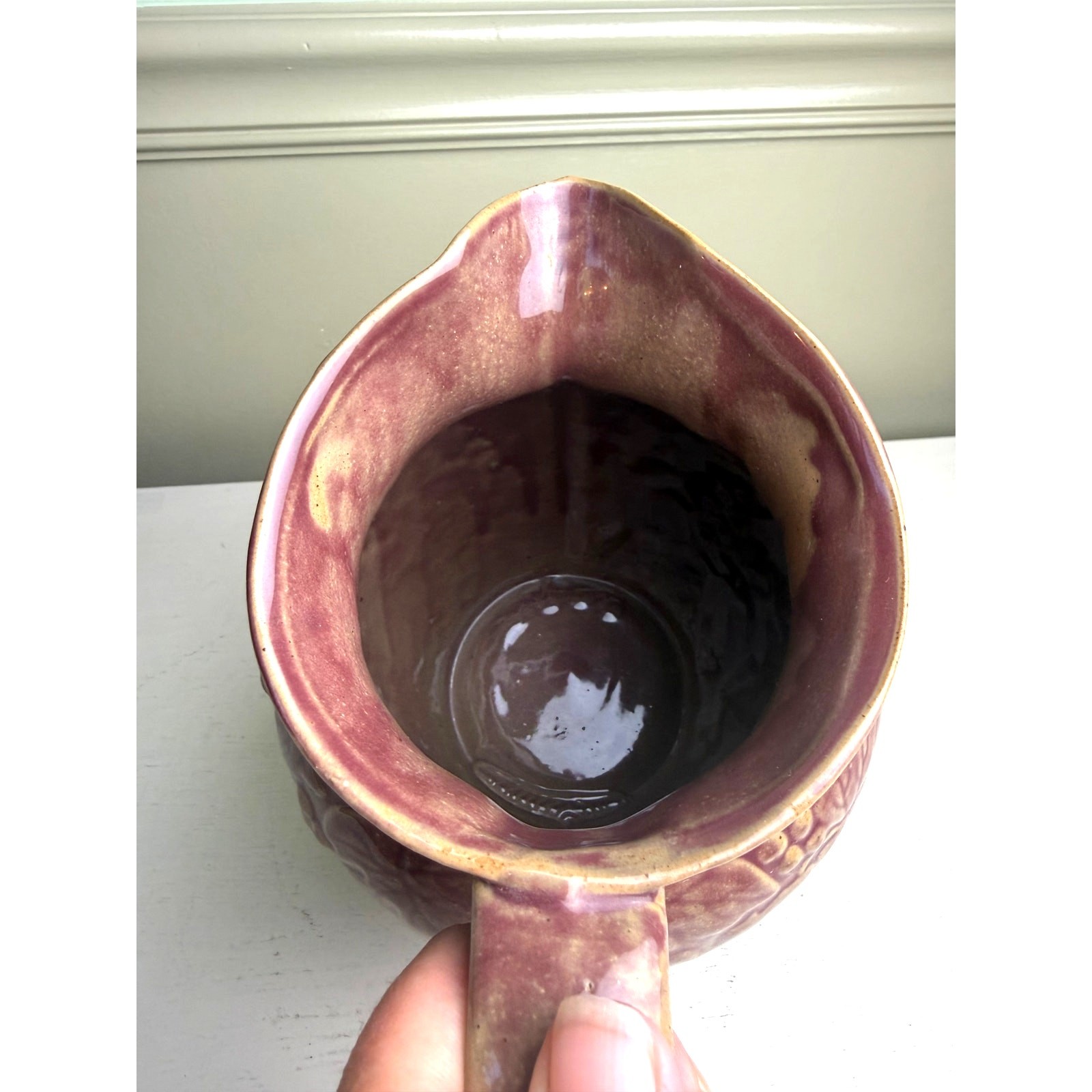 8″ Large Antique UHL Pottery Grapevine Pitcher Rare Mauve Purple Stoneware Vase