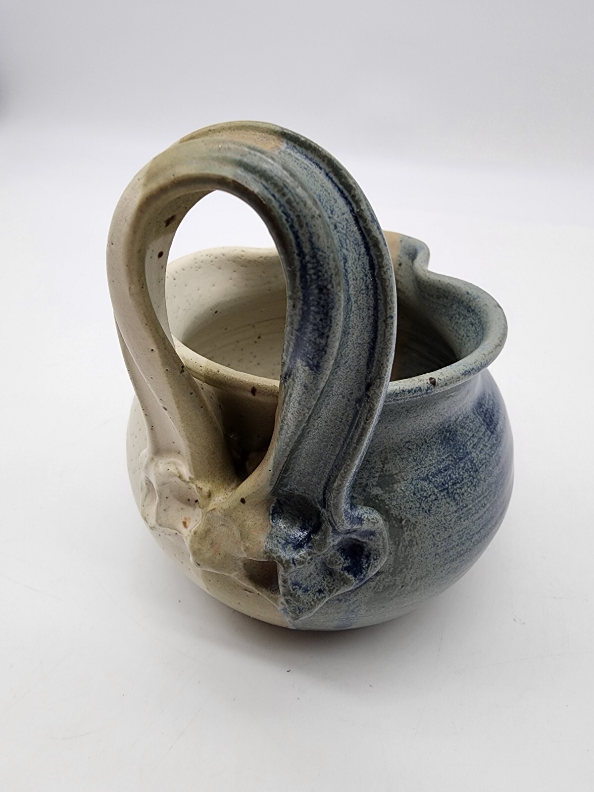 Art Pottery Small Pitcher creamer Signed Blue Tan white unique Shape