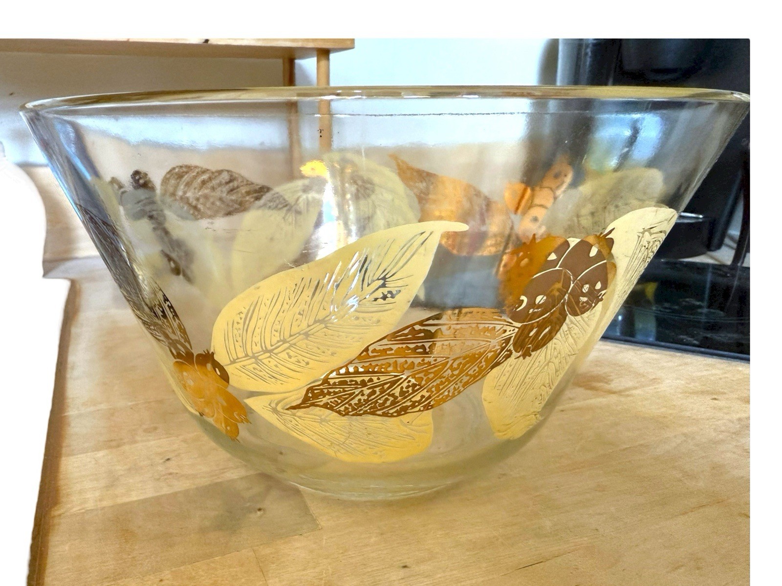 Vintage MCM Glass Snack Bowl Anchor Hocking Retro Gold Painted Fruit and Leaves