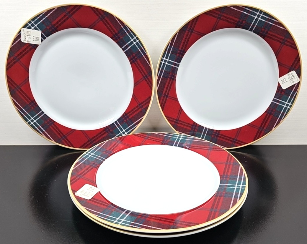 4) Williams Sonoma Gold Banded Tartan Dinner Plates Set Plaid Serving Dishes Lot